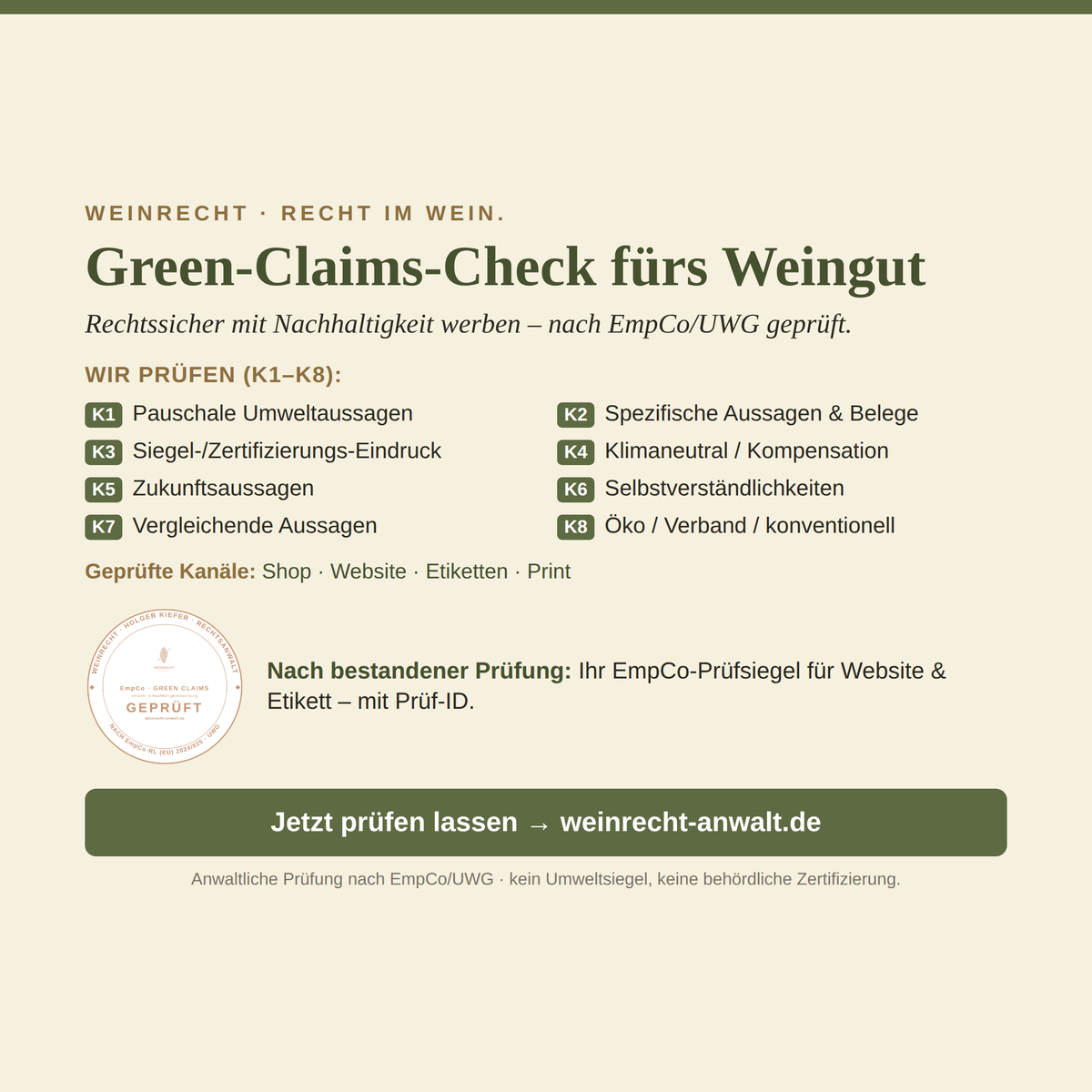 Green-Claims-Check fürs Weingut – rechtssicher mit Nachhaltigkeit werben (EmpCo/UWG).