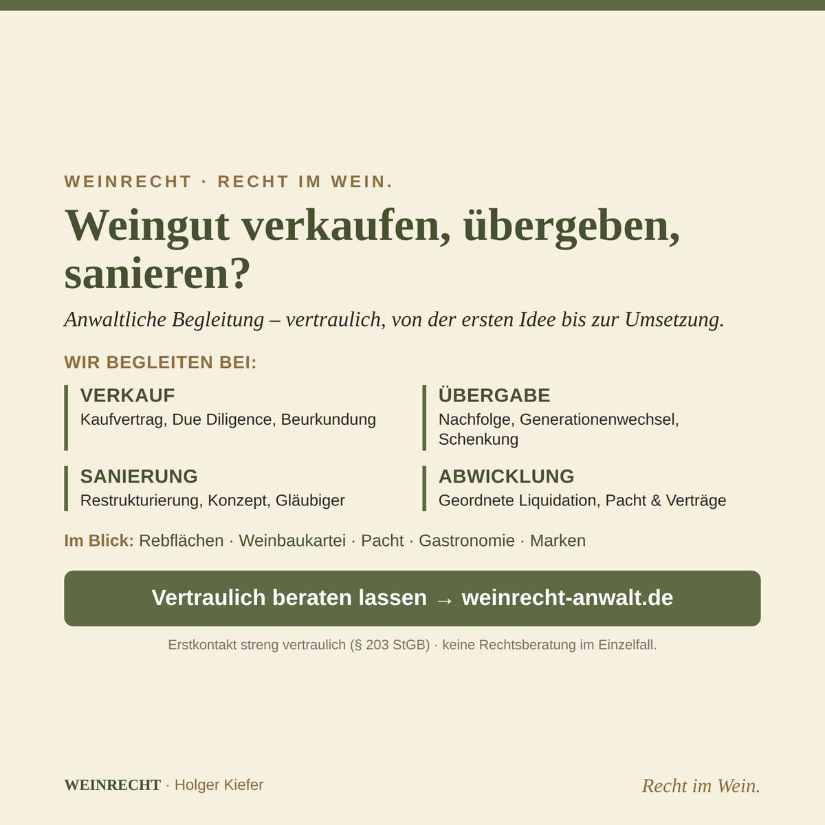Weingut verkaufen, übergeben, sanieren – anwaltliche Begleitung, vertraulich.