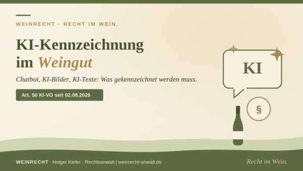 KI-Kennzeichnungspflicht im Weingut nach Art. 50 KI-VO – Titelbild der Kanzlei WEINRECHT mit Sprechblase, KI-Symbol und Weinflasche.