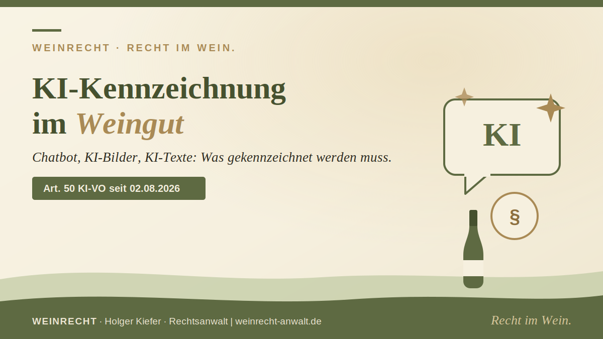 KI-Kennzeichnungspflicht im Weingut nach Art. 50 KI-VO – Titelbild der Kanzlei WEINRECHT mit Sprechblase, KI-Symbol und Weinflasche.