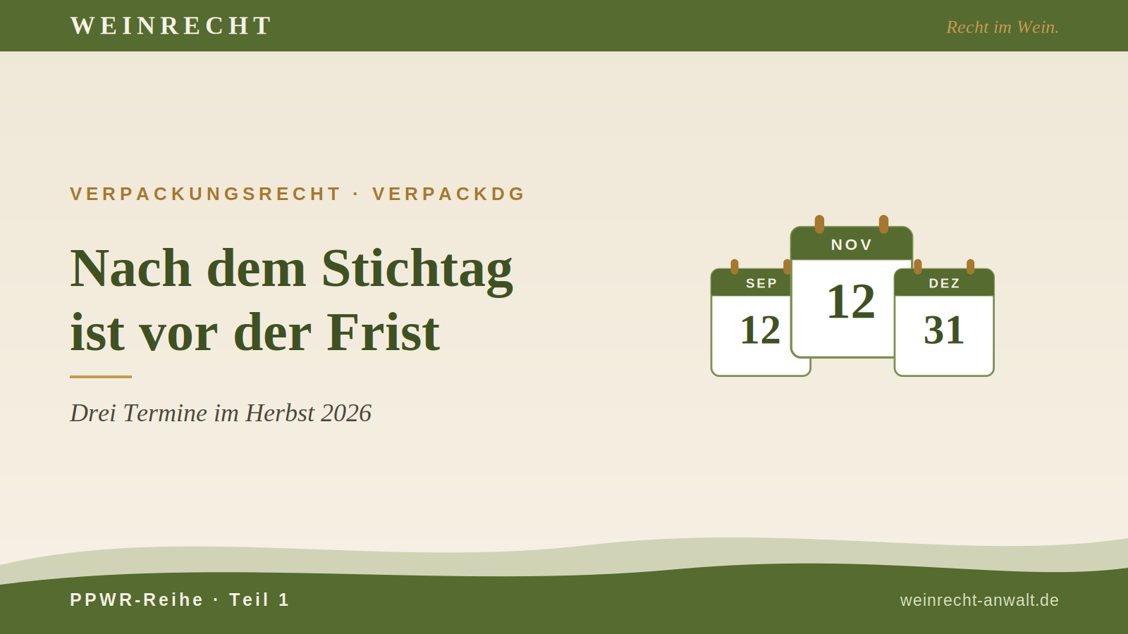 Beitragsbild: drei Kalenderblätter mit den Daten 12. September, 12. November und 31. Dezember 2026 im Kanzlei-Design von WEINRECHT