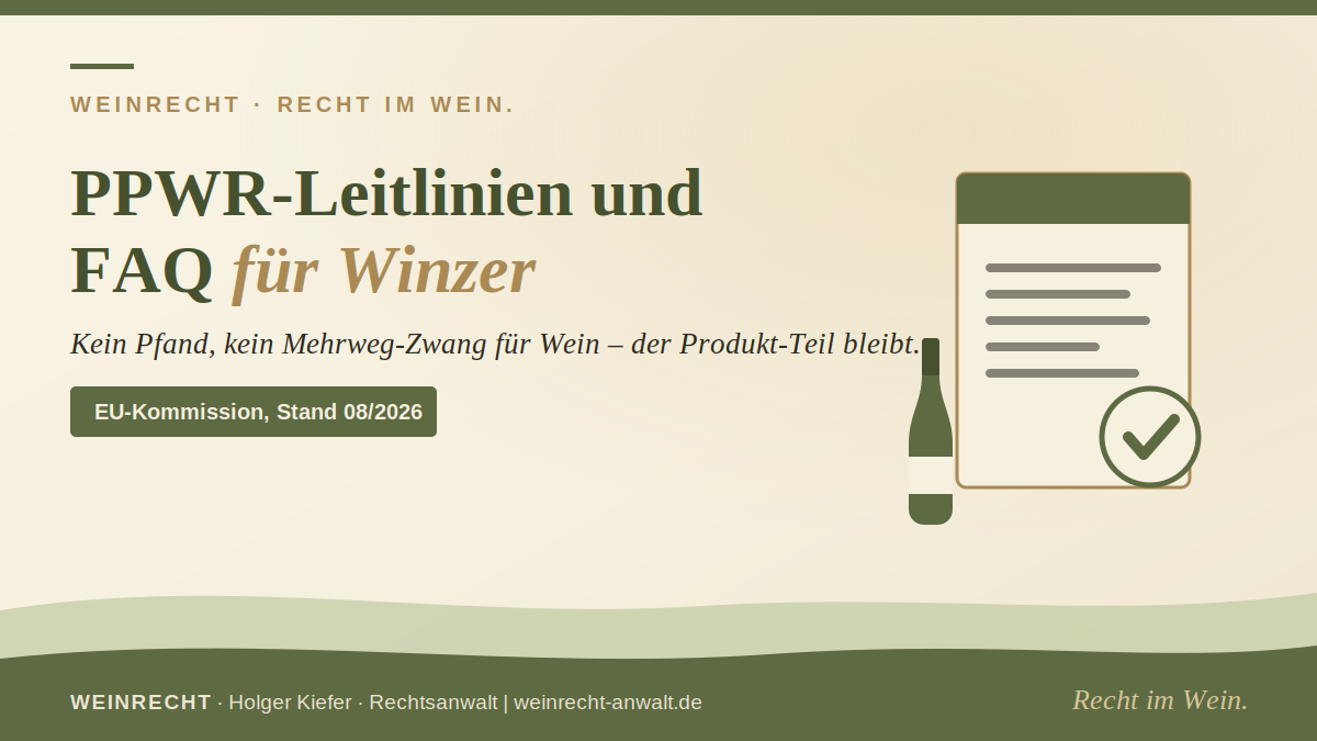 PPWR-Leitlinien und FAQ für Winzer – Titelbild der Kanzlei WEINRECHT mit Dokument, Häkchen und Weinflasche.