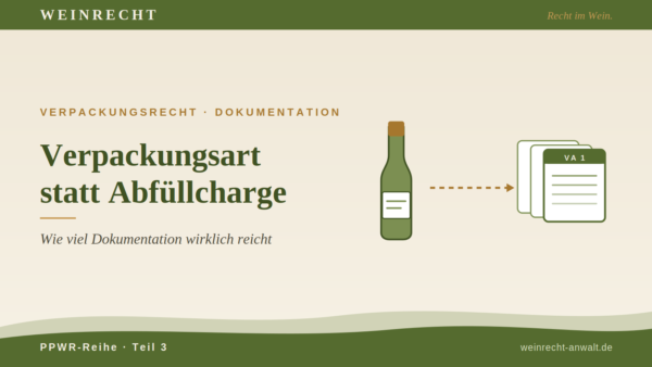Beitragsbild: Weinflasche mit Pfeil auf einen Stapel Dokumentationskarten mit der Aufschrift „VA 1" im Kanzlei-Design von WEINRECHT