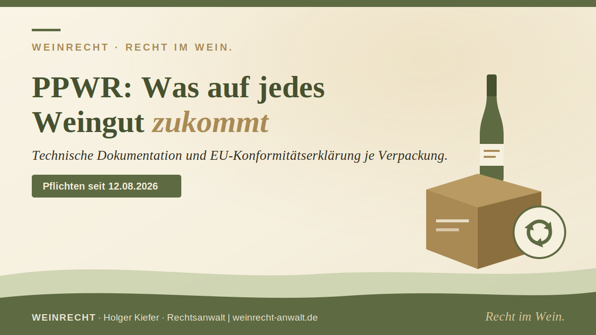 PPWR für Weingüter – Titelbild der Kanzlei WEINRECHT mit Weinflasche, Versandkarton und Recycling-Symbol zur EU-Verpackungsverordnung.