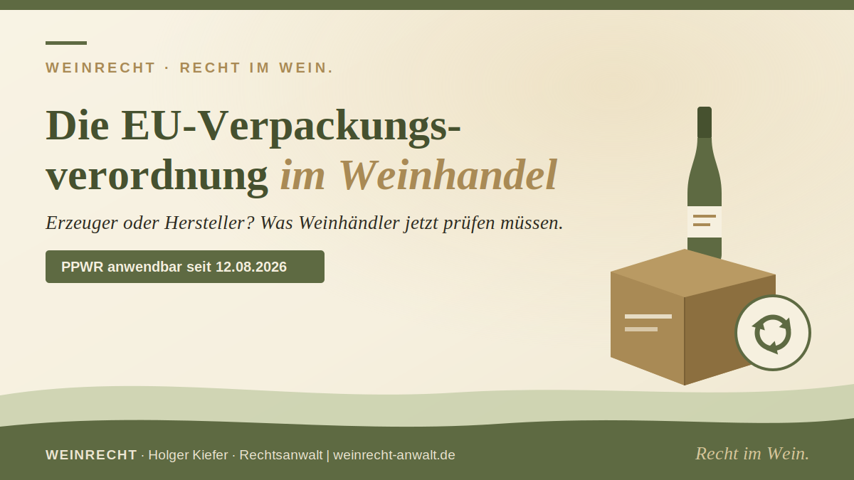 PPWR für Weinhändler – Titelbild der Kanzlei WEINRECHT mit Weinflasche, Versandkarton und Recycling-Symbol zur EU-Verpackungsverordnung.
