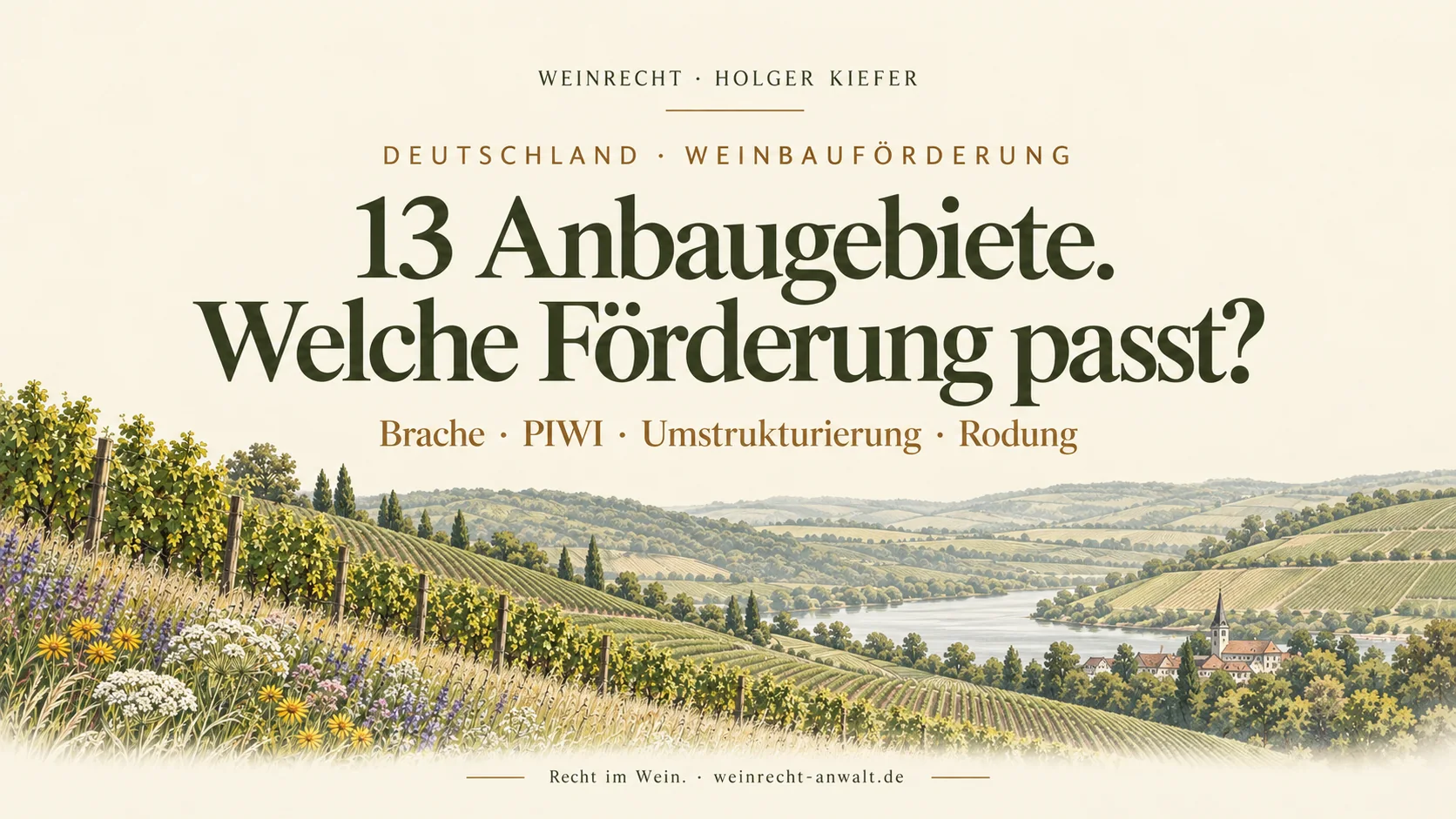 Titelgrafik: 13 Anbaugebiete. Welche Förderung passt? Brache, PIWI, Umstrukturierung und Rodung. Weinbergillustration in Creme und Olivgrün.