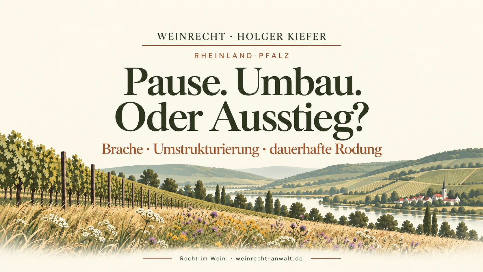 Rheinland-Pfalz: Pause. Umbau. Oder Ausstieg? Brache, Umstrukturierung und dauerhafte Rodung. Titelgrafik mit Weinbergillustration in Creme und Olivgrün.