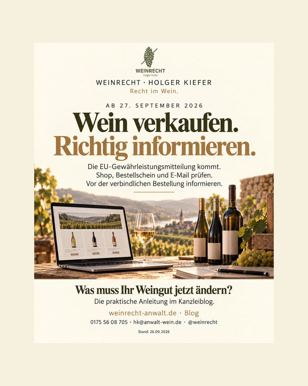 Wein verkaufen. Richtig informieren. EU-Gewährleistungsmitteilung ab 27.09.2026 für Shop, Bestellschein und E-Mail.