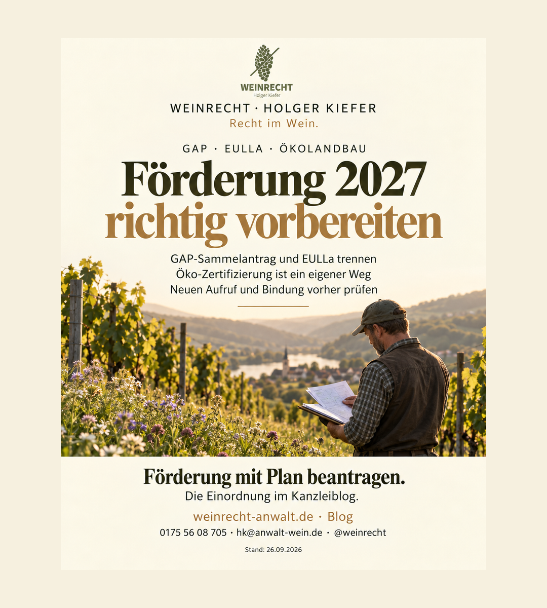 Einseitiger Kanzleibeitrag in Creme, Olivgrün und Bronze mit Original-Logo WEINRECHT Holger Kiefer. Öko-Förderung 2027 Antrag erst nach Aufruf GAP-Sammelantrag und EULLa sind getrennte Verfahren. Neue EULLa-Verpflichtungen brauchen einen veröffentlichten Aufruf. Der Beitrag trennt Zahlungen, Bindungen und Vorbereitungen. Bloghinweis weinrecht-anwalt.de, Telefon01755608705, hk@anwalt-wein.de, @weinrecht. Stand26.09.2026.