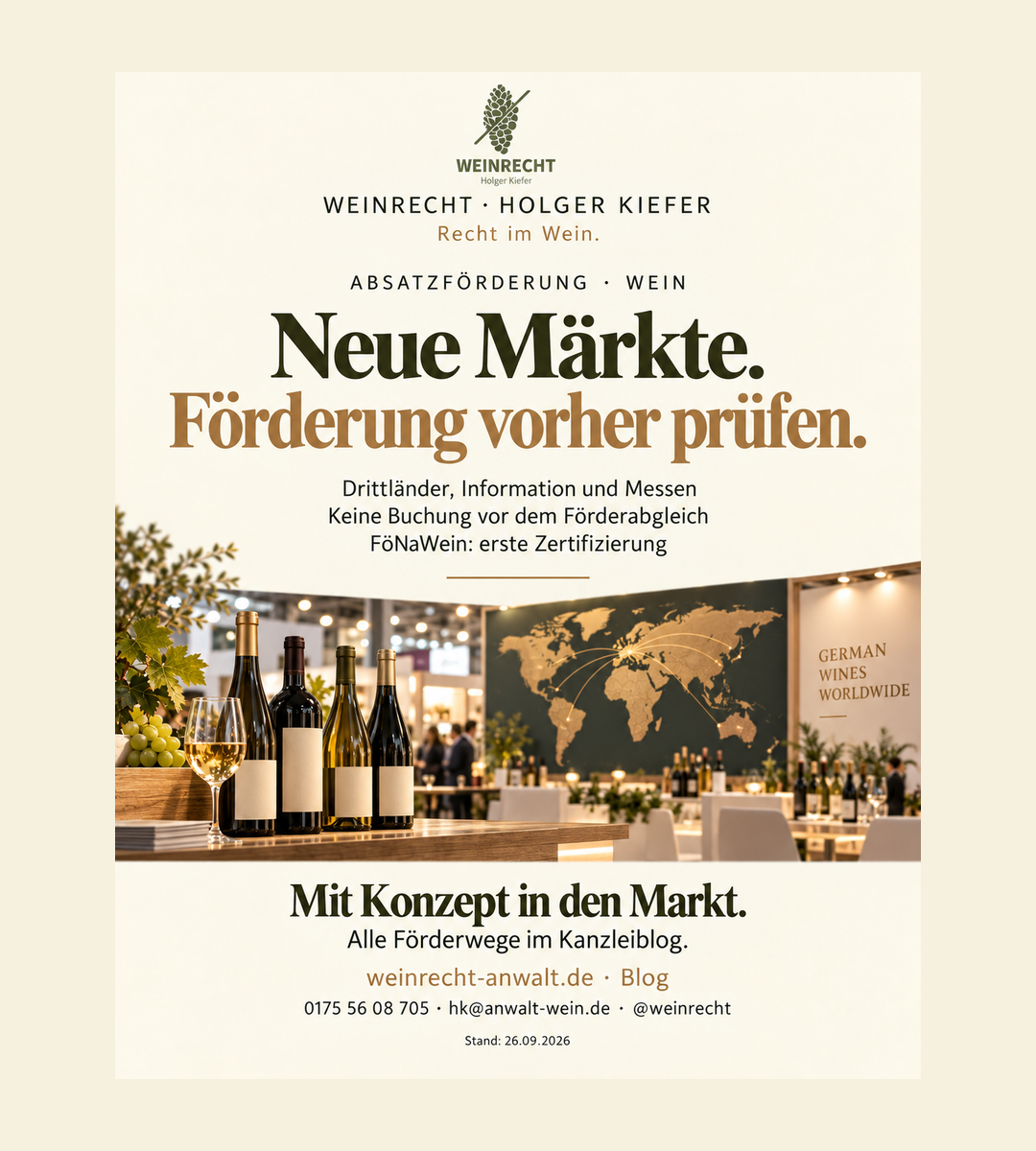 Einseitiger Kanzleibeitrag in Creme, Olivgrün und Bronze mit Original-Logo WEINRECHT Holger Kiefer. Wein fördern lassen Marketing braucht den Antrag davor Drittlandswerbung, Informationsmaßnahmen und Messen folgen eigenen Regeln. Kein Maßnahmebeginn ohne Abgleich des aktuellen Aufrufs. FöNaWein fördert die erste Nachhaltigkeitszertifizierung in RLP. Bloghinweis weinrecht-anwalt.de, Telefon01755608705, hk@anwalt-wein.de, @weinrecht. Stand26.09.2026.
