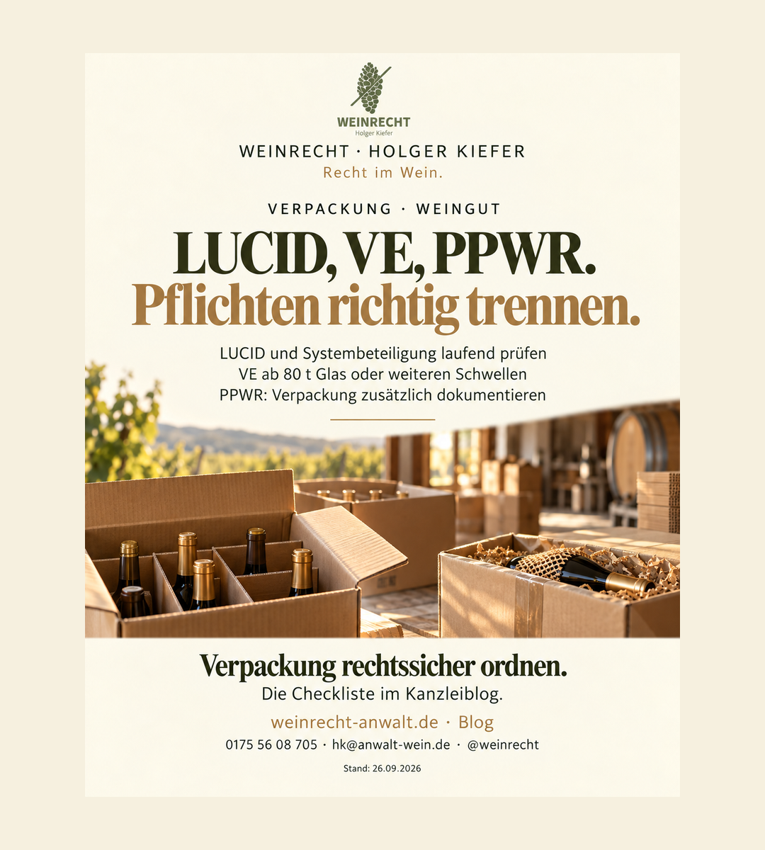 Einseitiger Kanzleibeitrag in Creme, Olivgrün und Bronze mit Original-Logo WEINRECHT Holger Kiefer. Verpackung im Weingut LUCID, VE und PPWR trennen LUCID und Systembeteiligung bleiben nationale Pflichten. Die Vollständigkeitserklärung betrifft große Mengen oder eine behördliche Anordnung. PPWR ergänzt Produktanforderungen für Verpackungen. Bloghinweis weinrecht-anwalt.de, Telefon01755608705, hk@anwalt-wein.de, @weinrecht. Stand26.09.2026.