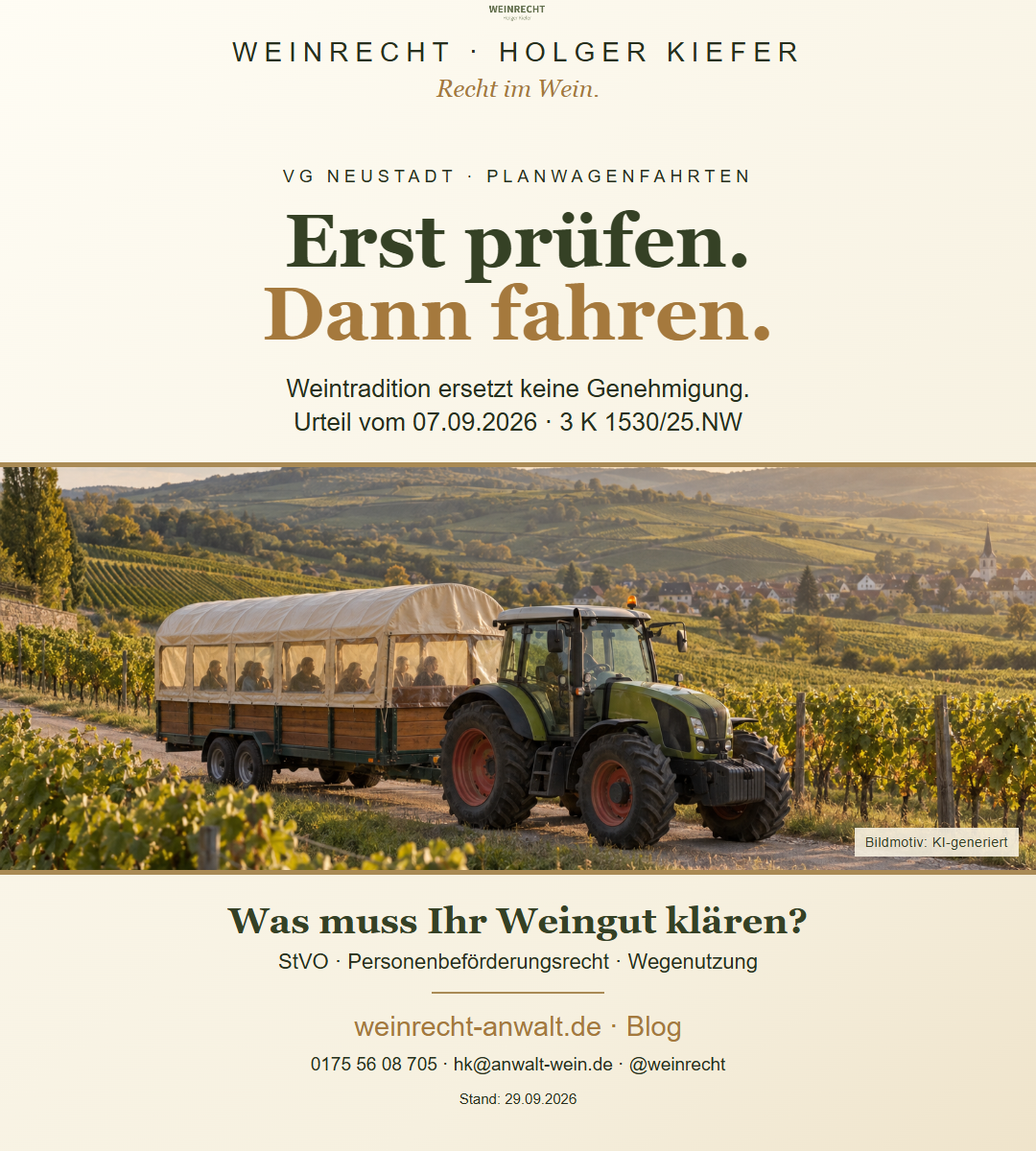 KI-generiertes Symbolbild: Traktor mit Planwagen im Weinberg und Hinweis auf das Urteil des VG Neustadt zur Genehmigungsprüfung