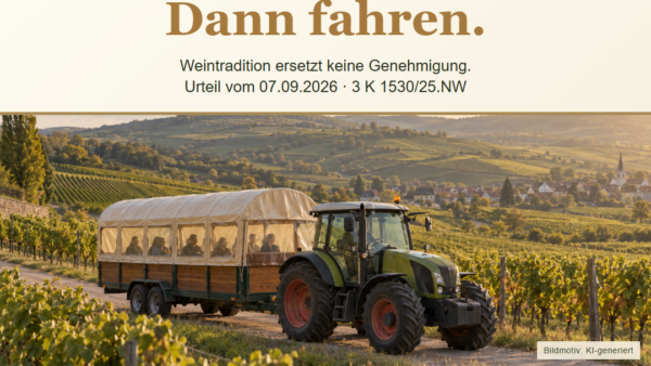 KI-generiertes Symbolbild: Traktor mit Planwagen im Weinberg und Hinweis auf das Urteil des VG Neustadt zur Genehmigungsprüfung