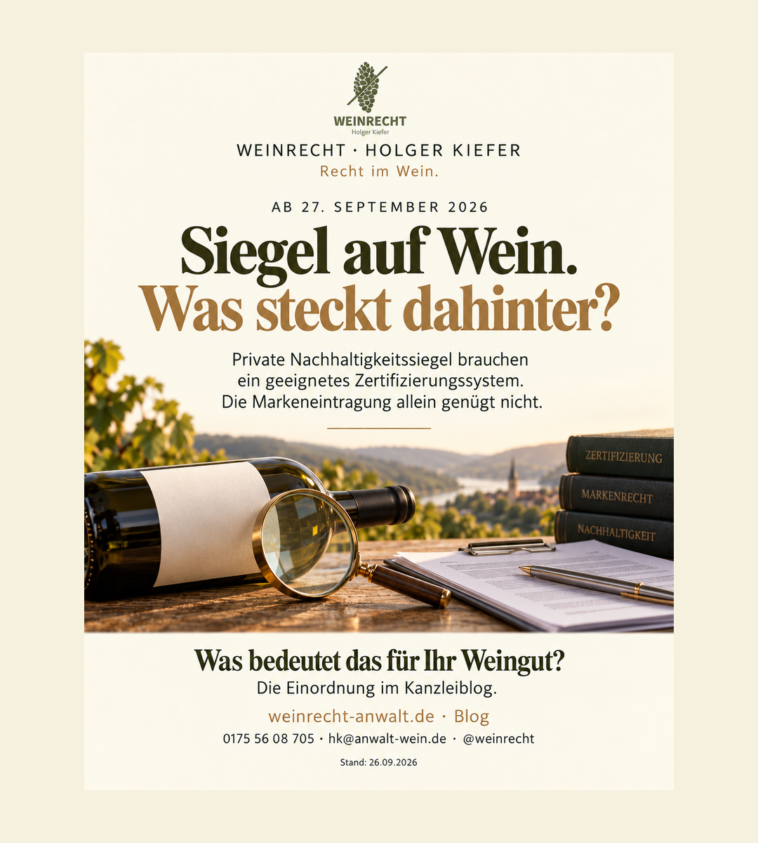Nachhaltigkeitssiegel auf Wein: Unterlagen und Zertifizierung ab 27. September 2026