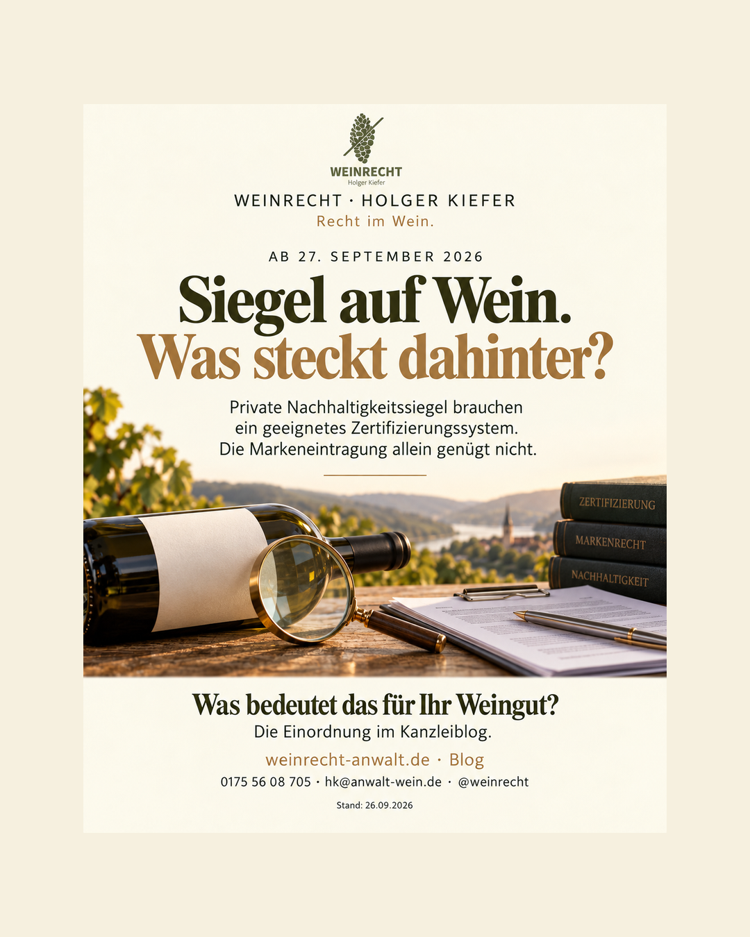 Nachhaltigkeitssiegel auf Wein: Unterlagen und Zertifizierung ab 27. September 2026