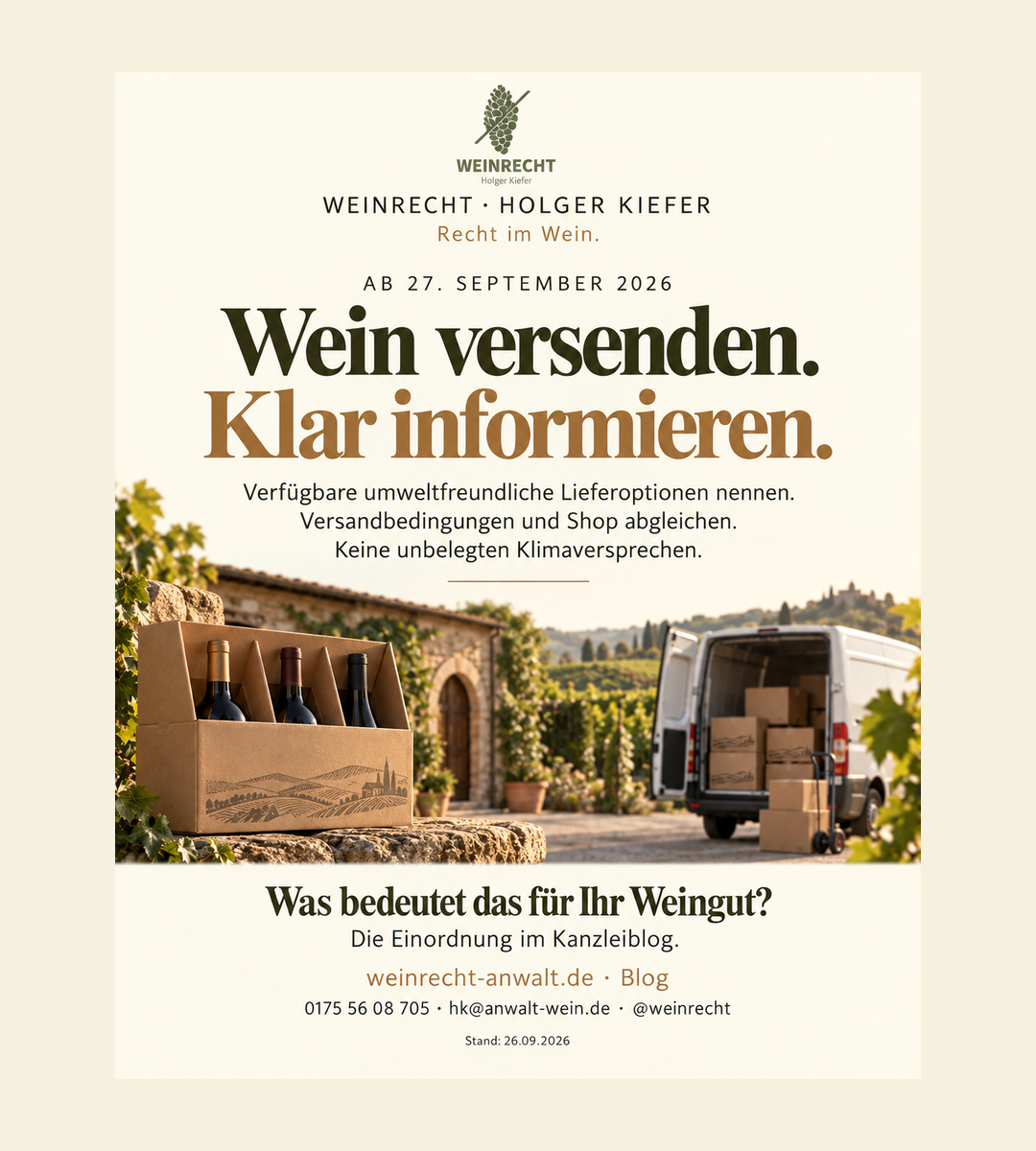 Einseitiger Kanzleibeitrag in Creme, Olivgrün und Bronze mit Original-Logo WEINRECHT Holger Kiefer. Wein versenden. Klar informieren. Verfügbare umweltfreundliche Lieferoptionen nennen. Versandbedingungen und Shop abgleichen. Keine unbelegten Klimaversprechen. Bloghinweis weinrecht-anwalt.de, Telefon01755608705, hk@anwalt-wein.de, @weinrecht. Stand26.09.2026.