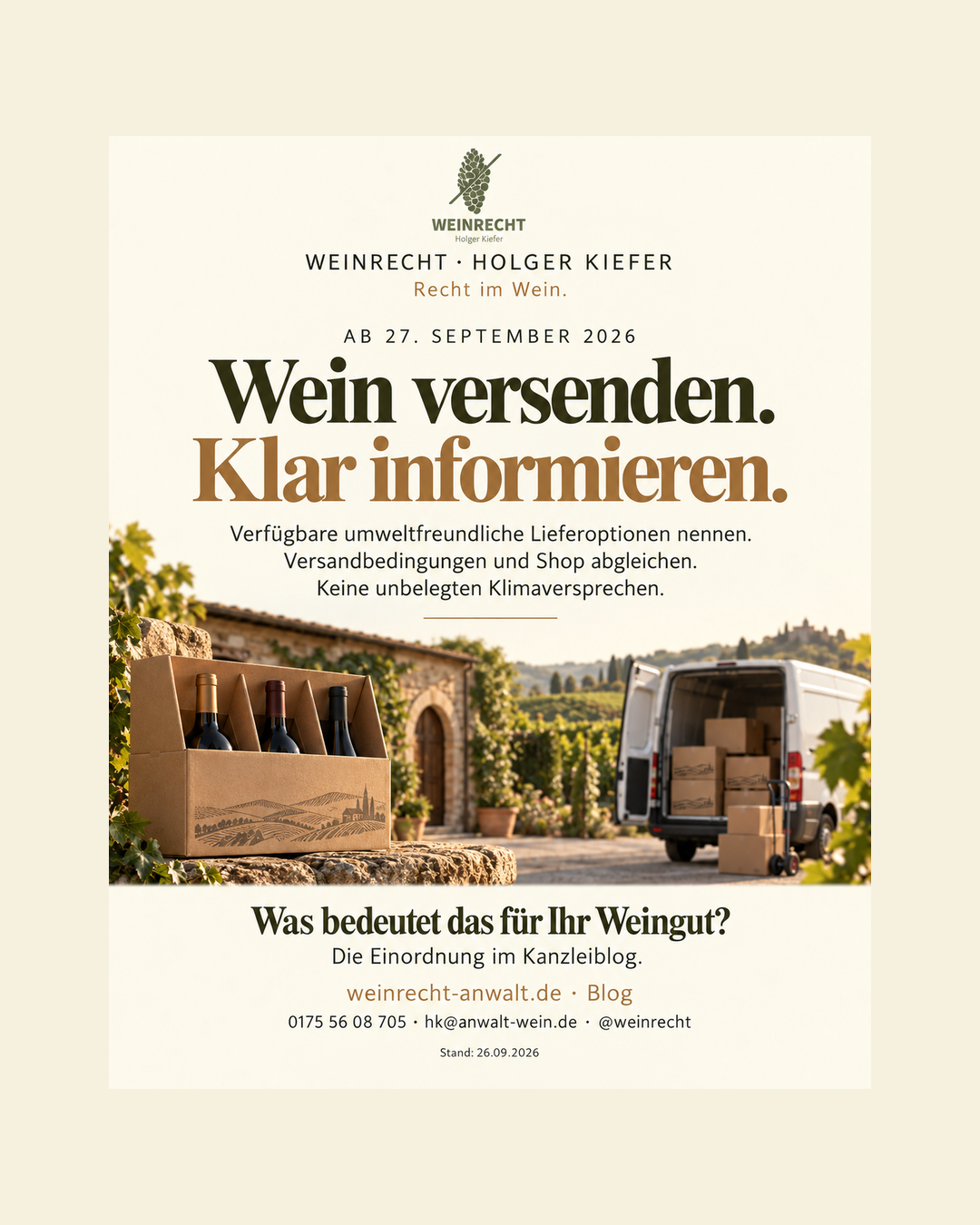Wein versenden. Klar informieren. Verfügbare umweltfreundliche Lieferoptionen nennen, Versandbedingungen und Shop abgleichen.