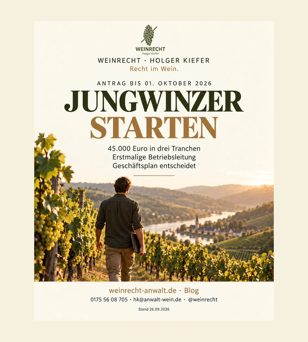 Einseitiger Kanzleibeitrag in Creme, Olivgrün und Bronze mit Original-Logo WEINRECHT Holger Kiefer. Jungwinzer starten Förderung strukturiert beantragen Bis zu 45.000 Euro in drei Tranchen. Erstmalige Betriebsleitung ist entscheidend. Geschäftsplan und Fristen bestimmen den Antrag. Bloghinweis weinrecht-anwalt.de, Telefon01755608705, hk@anwalt-wein.de, @weinrecht. Stand26.09.2026.