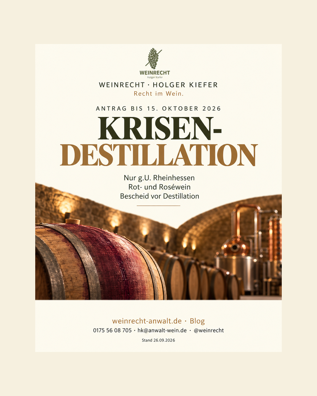 Krisendestillation für Rheinhessen verstehen. Nur Rot und Rosé mit g.U. Rheinhessen. Bescheid vor Destillation abwarten.