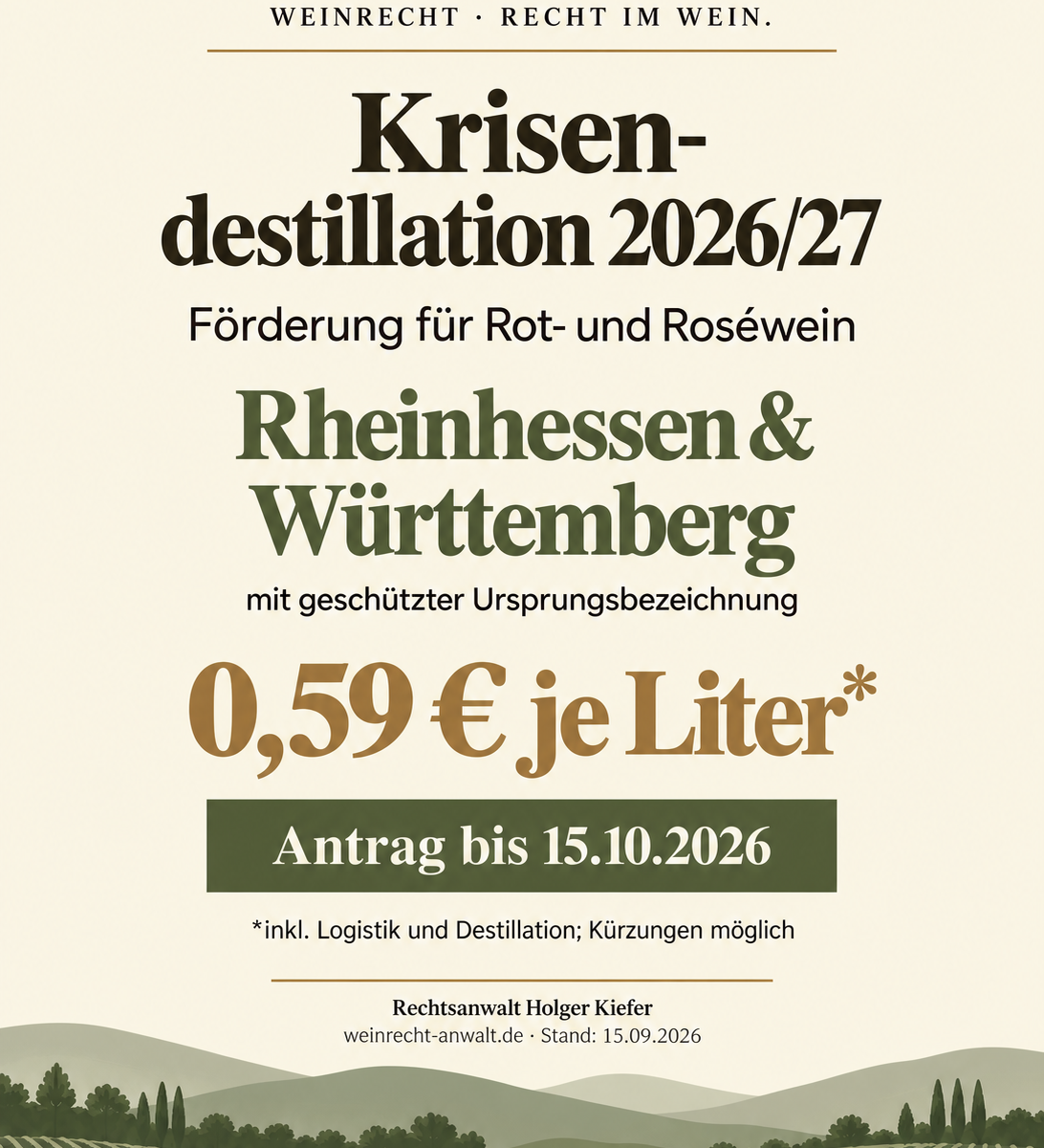 Krisendestillation 2026/27: Förderung für Rot- und Roséwein mit g.U. Rheinhessen oder Württemberg. 0,59 Euro pro Liter inklusive Logistik und Destillation; Kürzungen möglich. Antrag bis 15.10.2026. Informationsgrafik der Kanzlei WEINRECHT mit stilisierten Weinbergen.