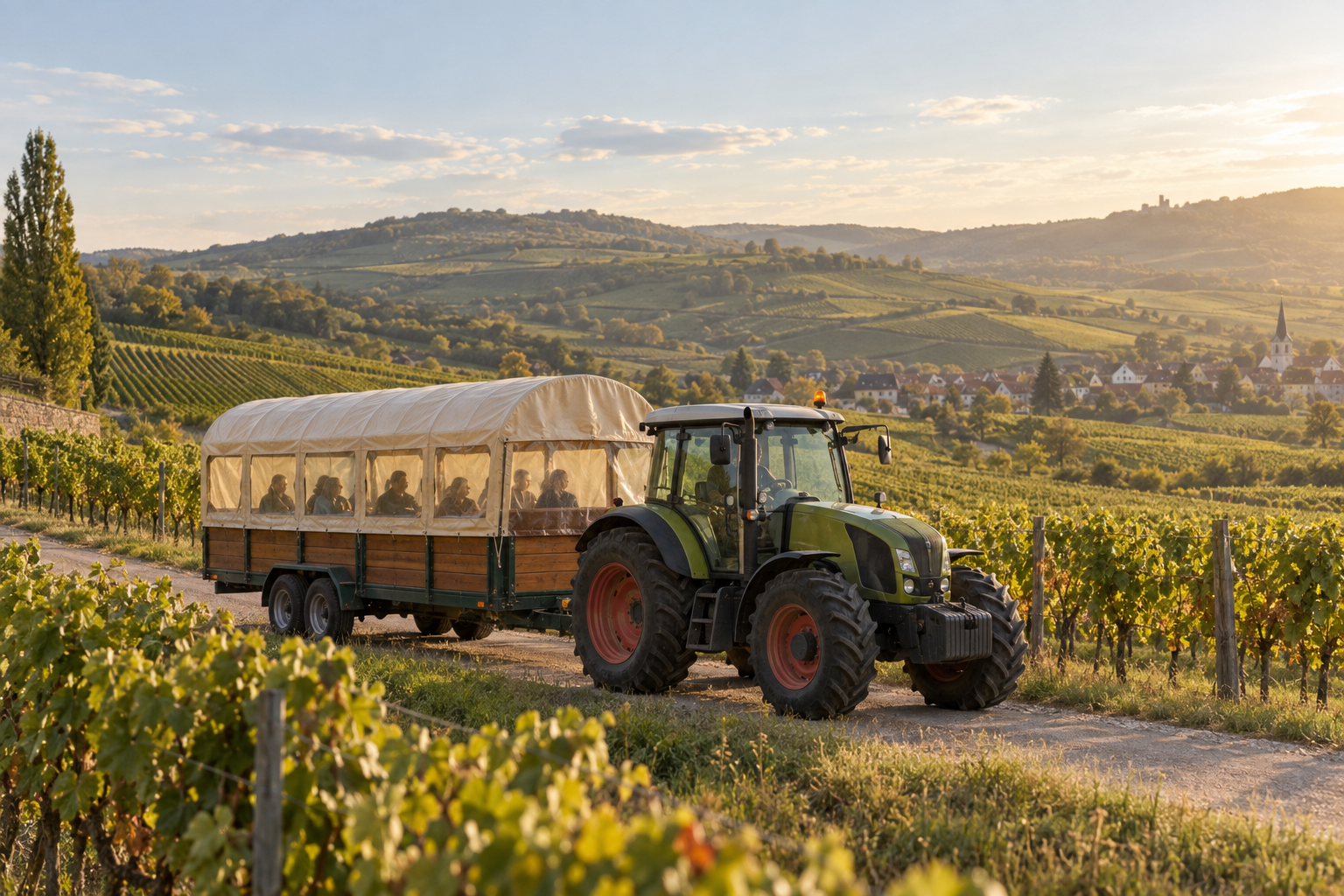 KI-generiertes Symbolbild: Traktor mit Personenanhänger auf einem Weg durch herbstliche Weinberge