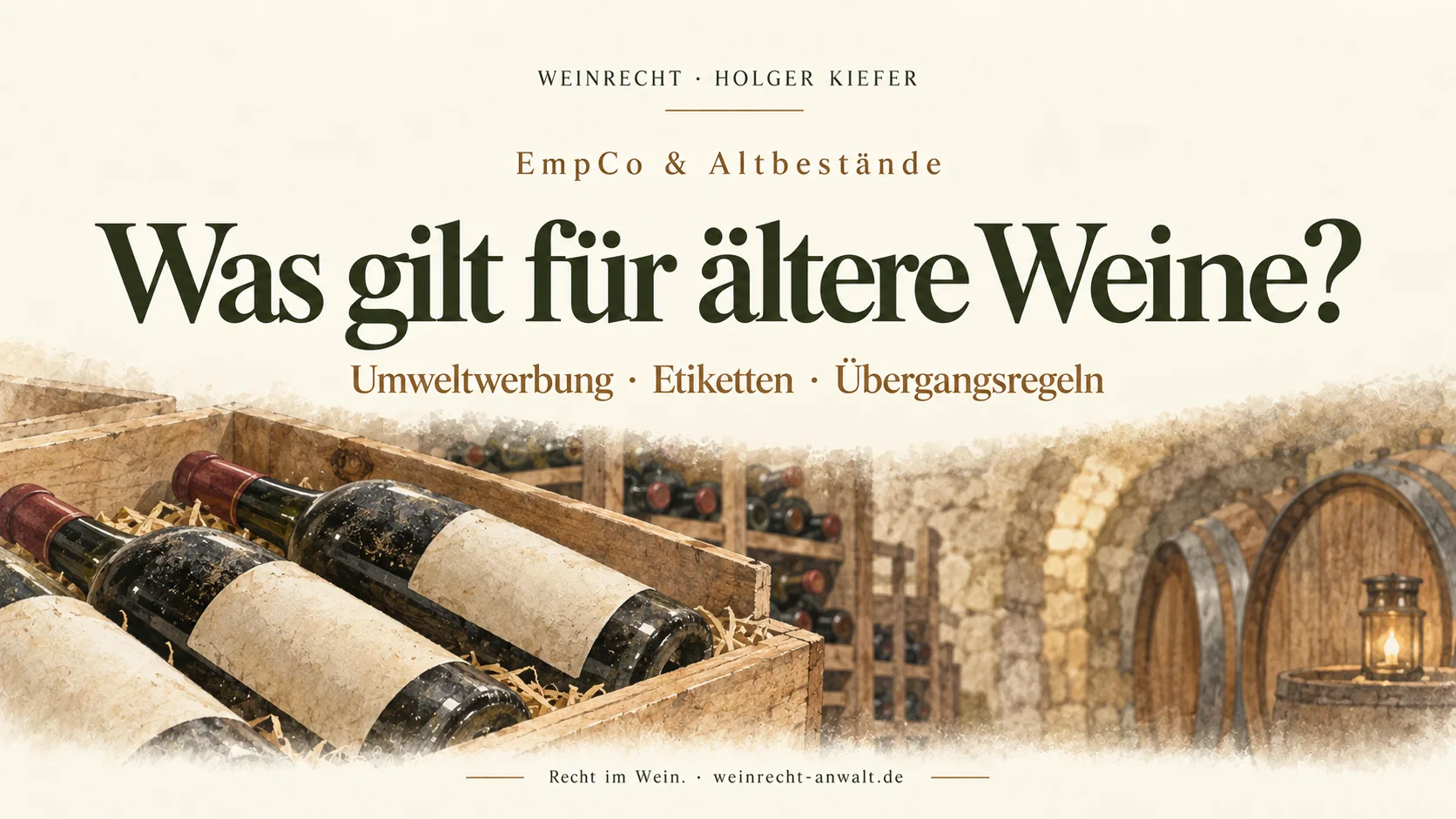 EmpCo und Altbestände: Was gilt für ältere Weine? Umweltwerbung, Etiketten und Übergangsregeln. Titelgrafik mit Weinflaschen im Keller.