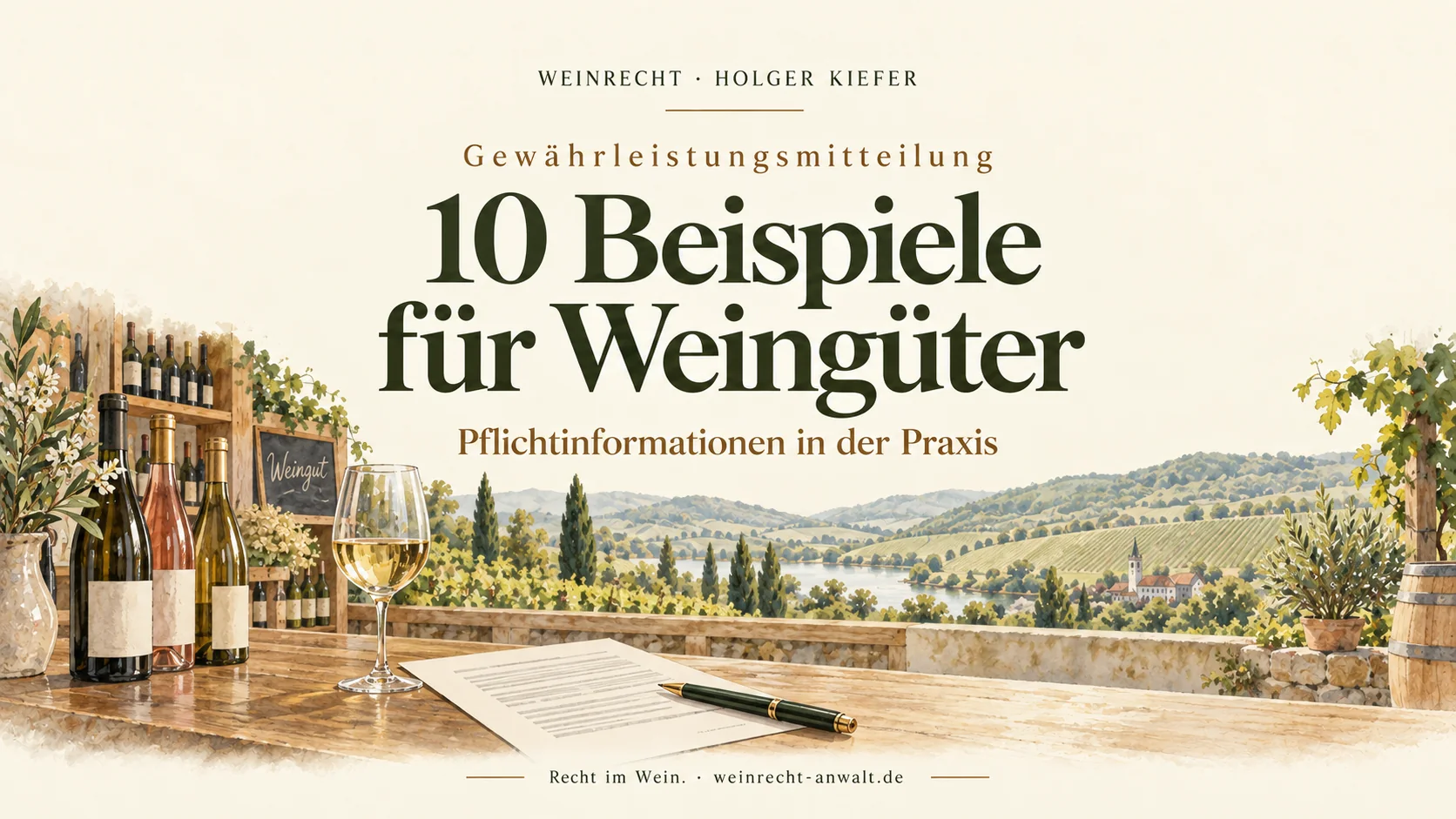 Gewährleistungsmitteilung: 10 Beispiele für Weingüter. Pflichtinformationen in der Praxis. Titelgrafik mit Weinflaschen und Dokument.