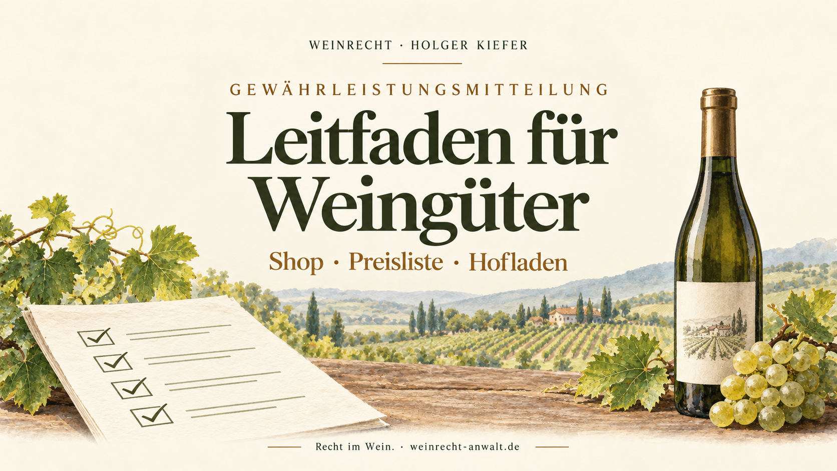 Gewährleistungsmitteilung: Leitfaden für Weingüter. Shop, Preisliste und Hofladen. Titelgrafik mit Weinflasche und Checkliste.
