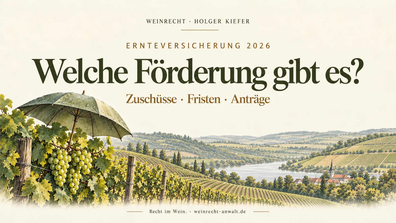 Ernteversicherung 2026: Welche Förderung gibt es? Zuschüsse, Fristen und Anträge. Titelgrafik mit Weinberg und schützendem Regenschirm.