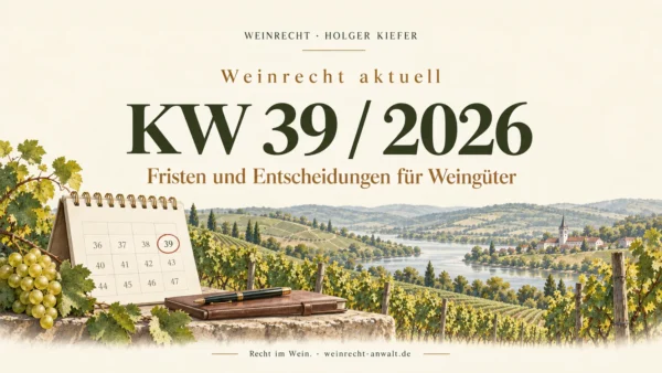 Weinrecht aktuell: KW 39 / 2026. Fristen und Entscheidungen für Weingüter. Titelgrafik mit Kalender und Weinberg.