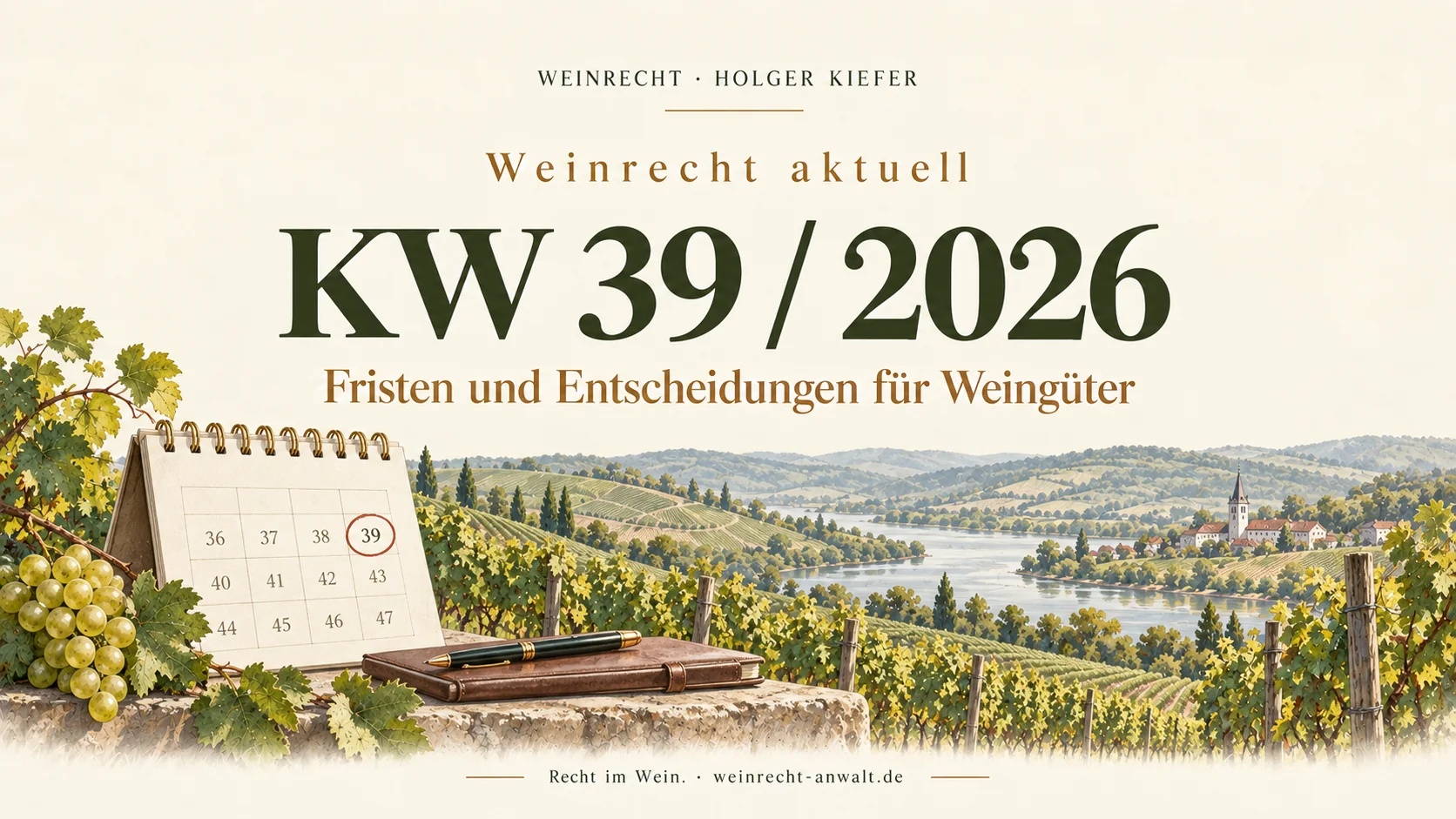 Weinrecht aktuell: KW 39 / 2026. Fristen und Entscheidungen für Weingüter. Titelgrafik mit Kalender und Weinberg.