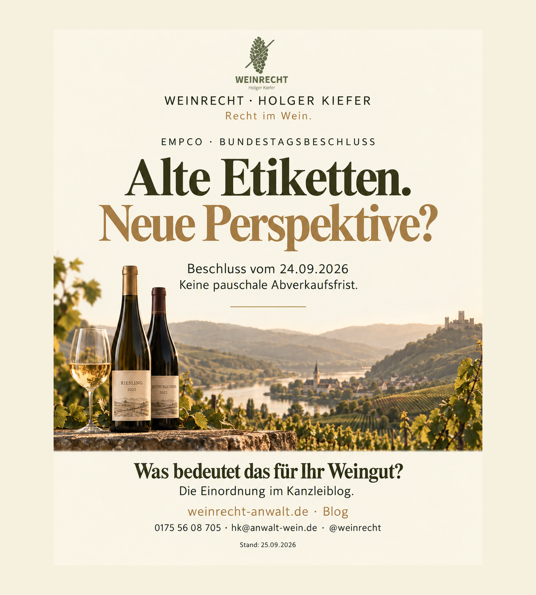 EmpCo-Bundestagsbeschluss vom 24.09.2026: Alte Etiketten. Neue Perspektive? Keine pauschale Abverkaufsfrist. Original-Kanzleilogo über Weinbergen und Flaschen, Verweis auf die Einordnung im Kanzleiblog. Stand 25.09.2026.