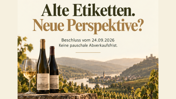 EmpCo-Bundestagsbeschluss vom 24.09.2026: Alte Etiketten. Neue Perspektive? Keine pauschale Abverkaufsfrist. Original-Kanzleilogo über Weinbergen und Flaschen, Verweis auf die Einordnung im Kanzleiblog. Stand 25.09.2026.