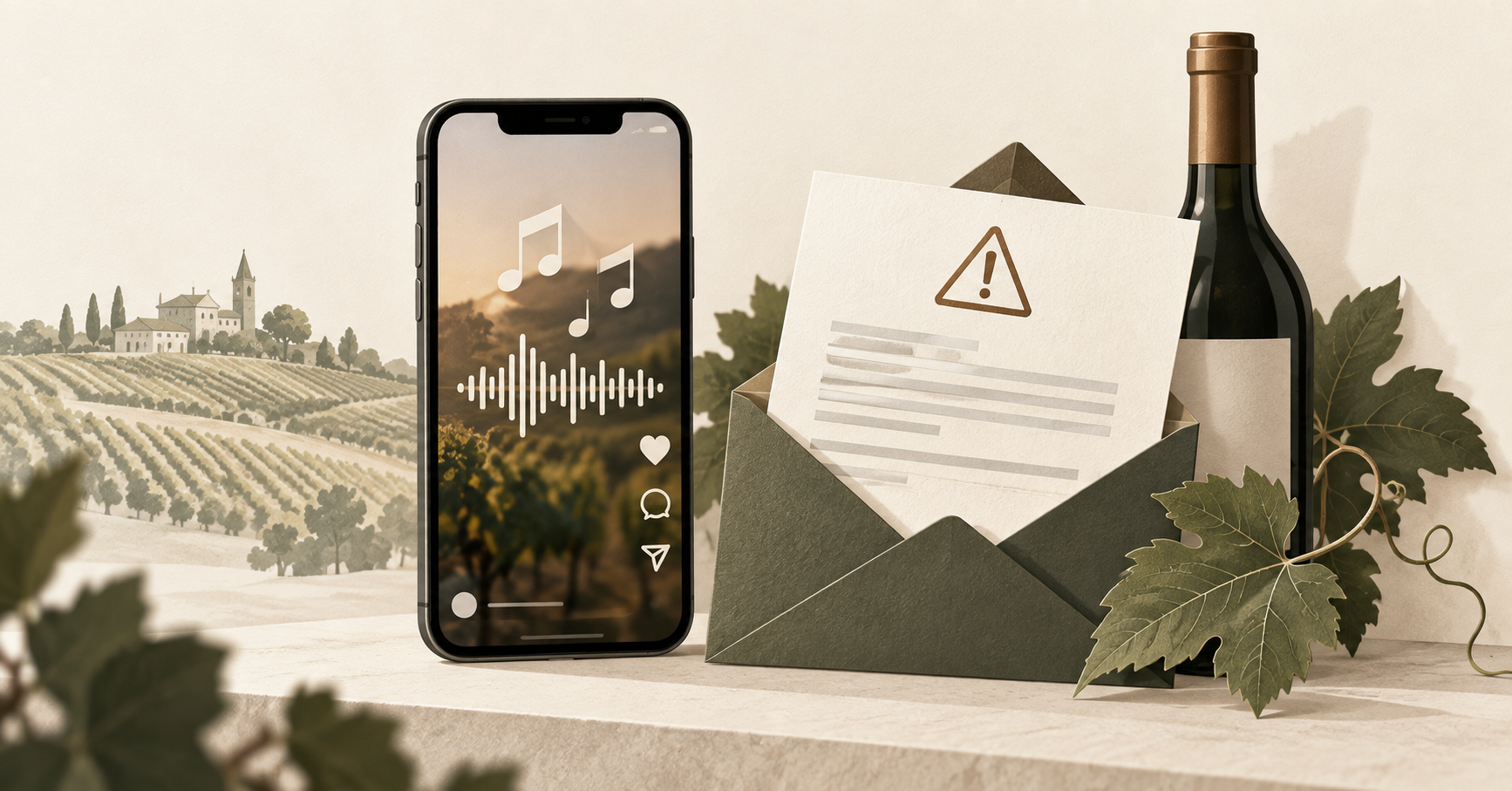 Stilisierte Darstellung eines Smartphones mit Musiknoten neben einem symbolischen Abmahnschreiben, einer Weinflasche und Weinblättern.