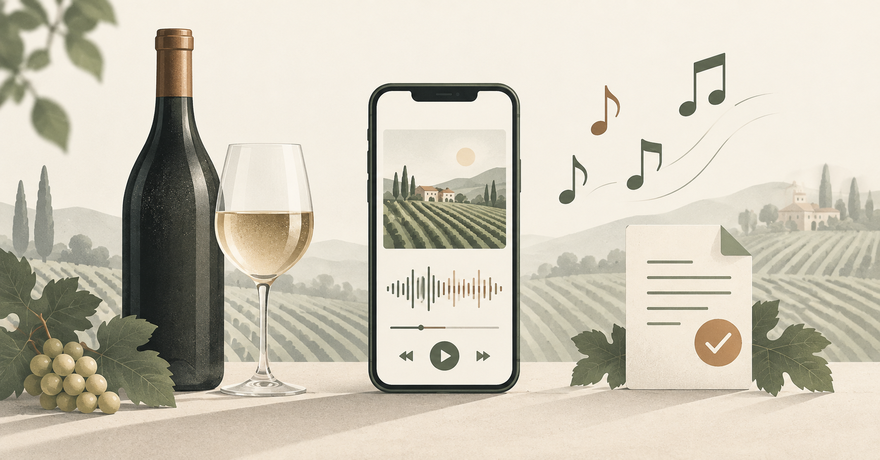 Stilisierte Weinflasche, Smartphone mit Tonspur und Musiknoten neben einem Lizenzdokument – Musikrechte im Weingut.