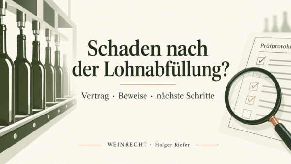 Illustration: Weinflaschen in einer Abfülllinie, Prüfprotokoll und Lupe. Schaden nach der Lohnabfüllung – Vertrag, Beweise, nächste Schritte.