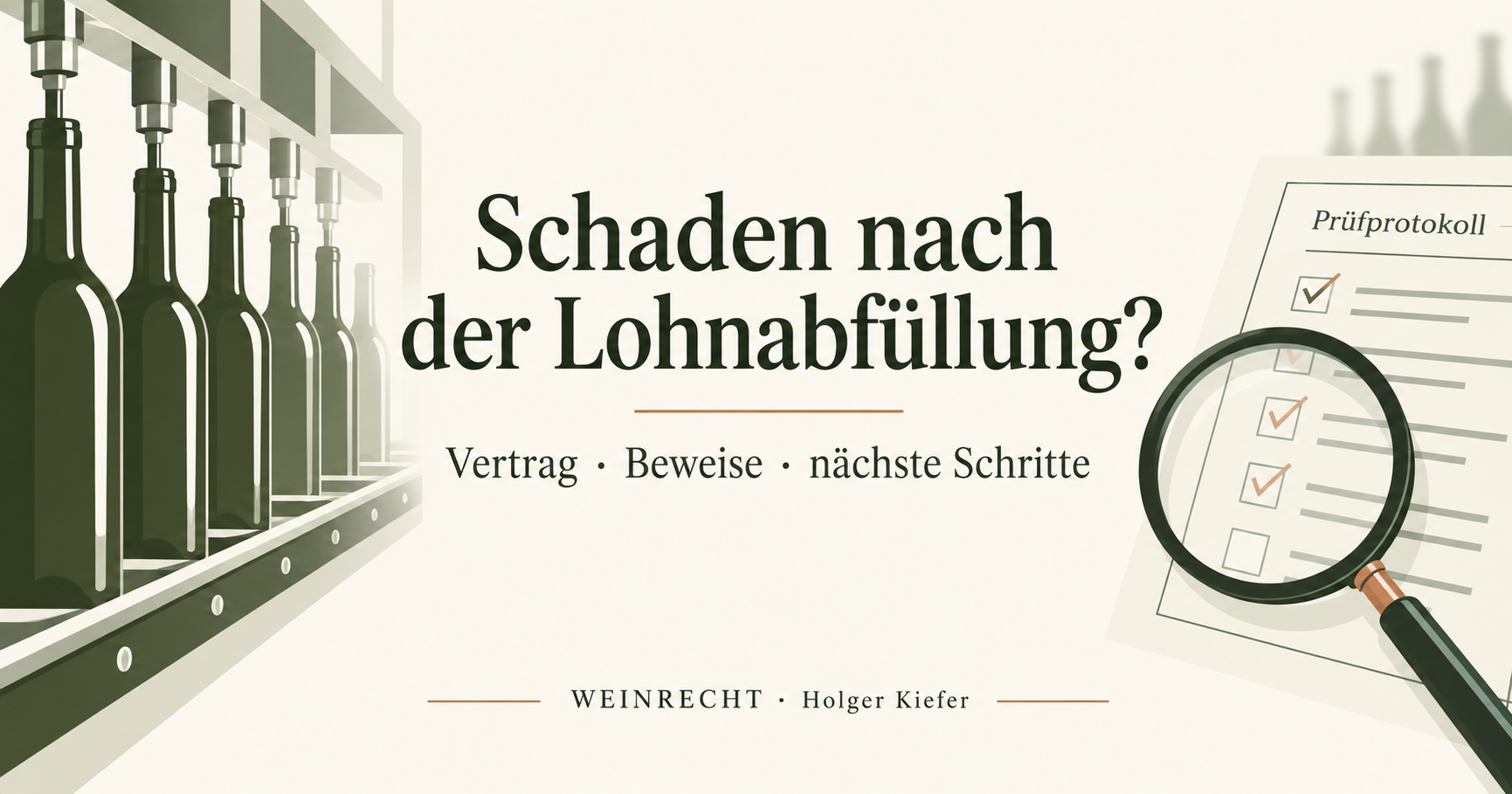 Illustration: Weinflaschen in einer Abfülllinie, Prüfprotokoll und Lupe. Schaden nach der Lohnabfüllung – Vertrag, Beweise, nächste Schritte.