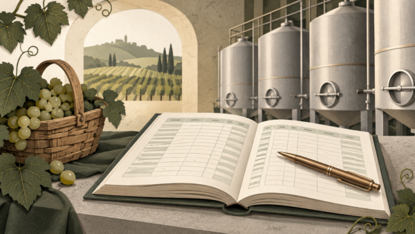 Stilisiertes Herbstbuch mit Stift und Traubenkorb vor Kellertanks.