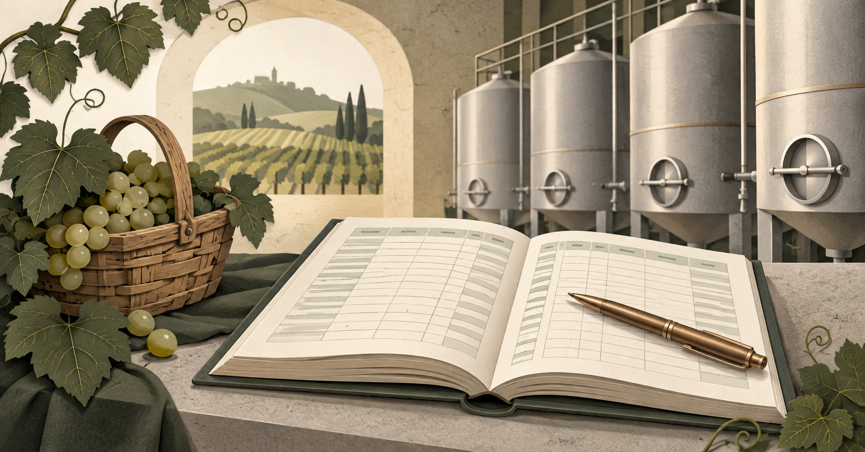 Stilisiertes Herbstbuch mit Stift und Traubenkorb vor Kellertanks.