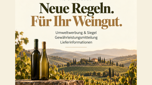 Neue Regeln für Weingüter ab 27.09.2026: Umweltwerbung und Siegel, Gewährleistungsmitteilung und Lieferinformationen. Original-Kanzleilogo, Weinberge und Flaschen im Creme-Oliv-Bronze-Design. Angebot: Wir prüfen, passen an und begleiten die Umsetzung.