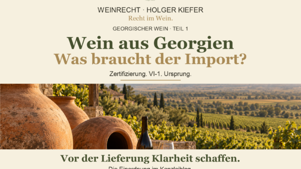 Georgischen Wein importieren: Zertifizierung, VI-1 und Ursprung. Kanzlei WEINRECHT · Holger Kiefer. Symbolisches Weinbergmotiv mit Qvevri. KI generiert.
