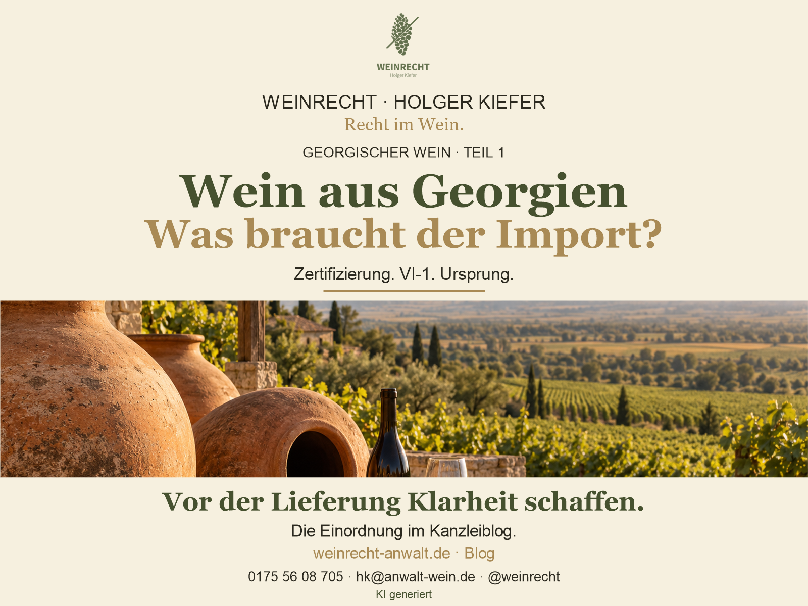 Georgischen Wein importieren: Zertifizierung, VI-1 und Ursprung. Kanzlei WEINRECHT · Holger Kiefer. Symbolisches Weinbergmotiv mit Qvevri. KI generiert.
