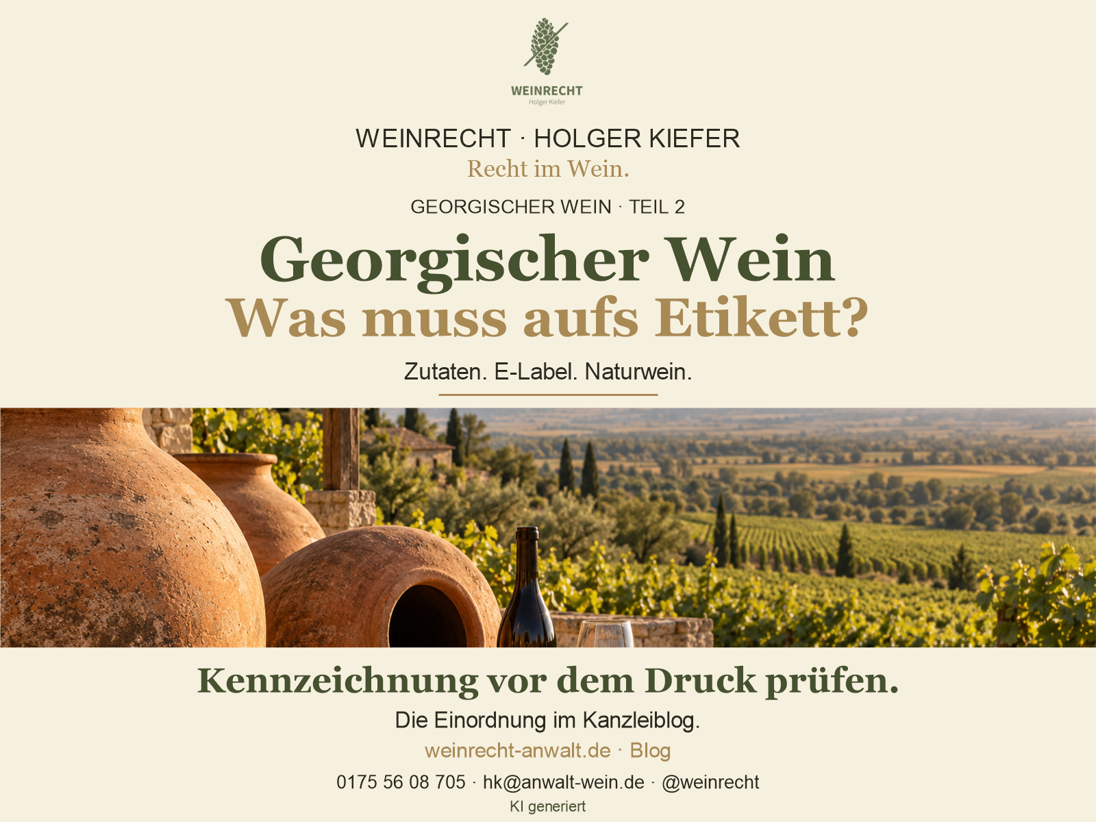 Georgischer Wein: Was muss aufs Etikett? Zutaten, E-Label und Naturwein. Kanzlei WEINRECHT · Holger Kiefer. Symbolisches Weinbergmotiv mit Qvevri. KI generiert.