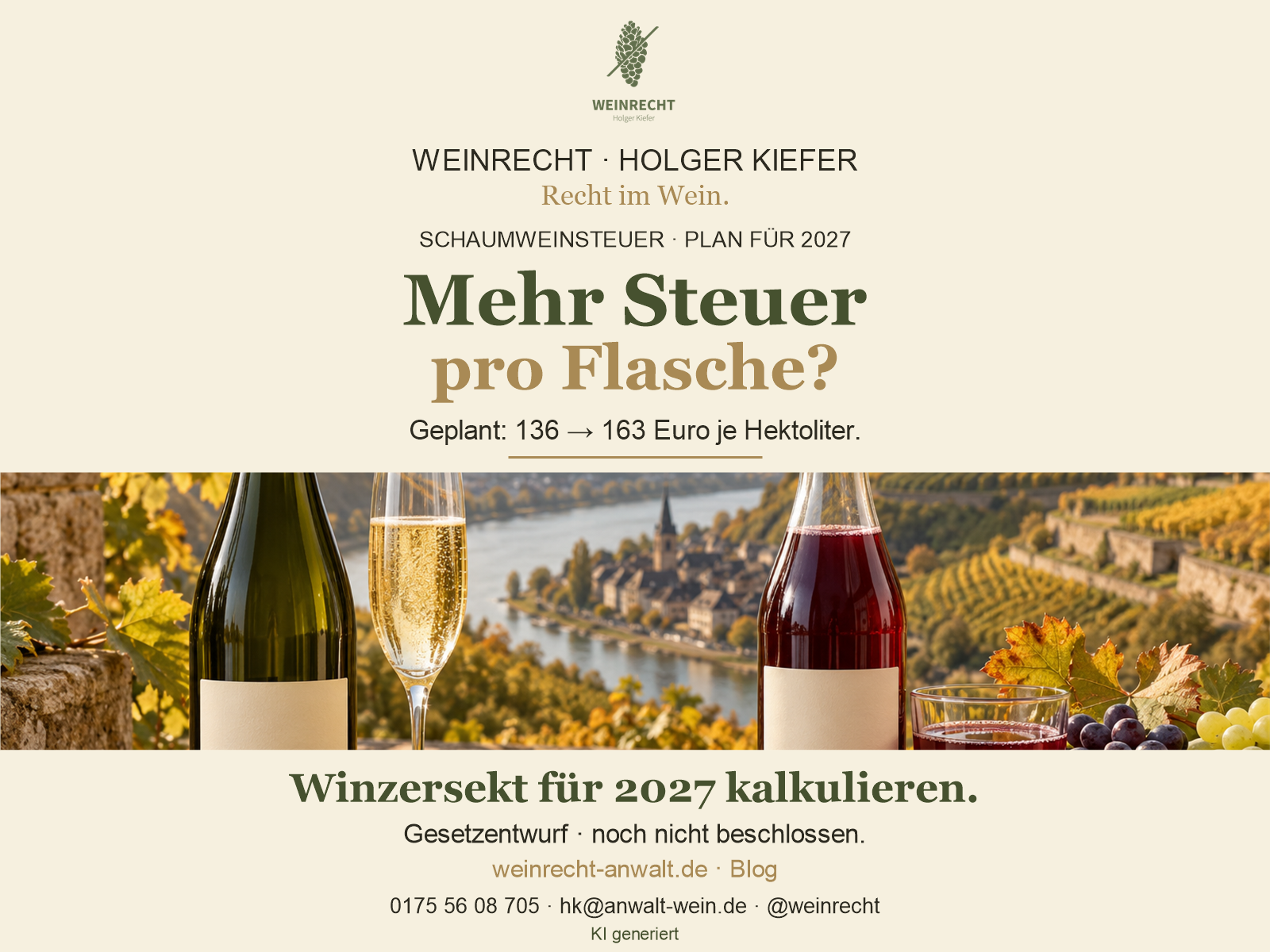Schaumweinsteuer 2027: Mehr Steuer pro Flasche? Geplant 136 auf 163 Euro je Hektoliter. Kanzlei-CI mit Sekt und Traubensaft vor einem Weinberg. KI generiert.