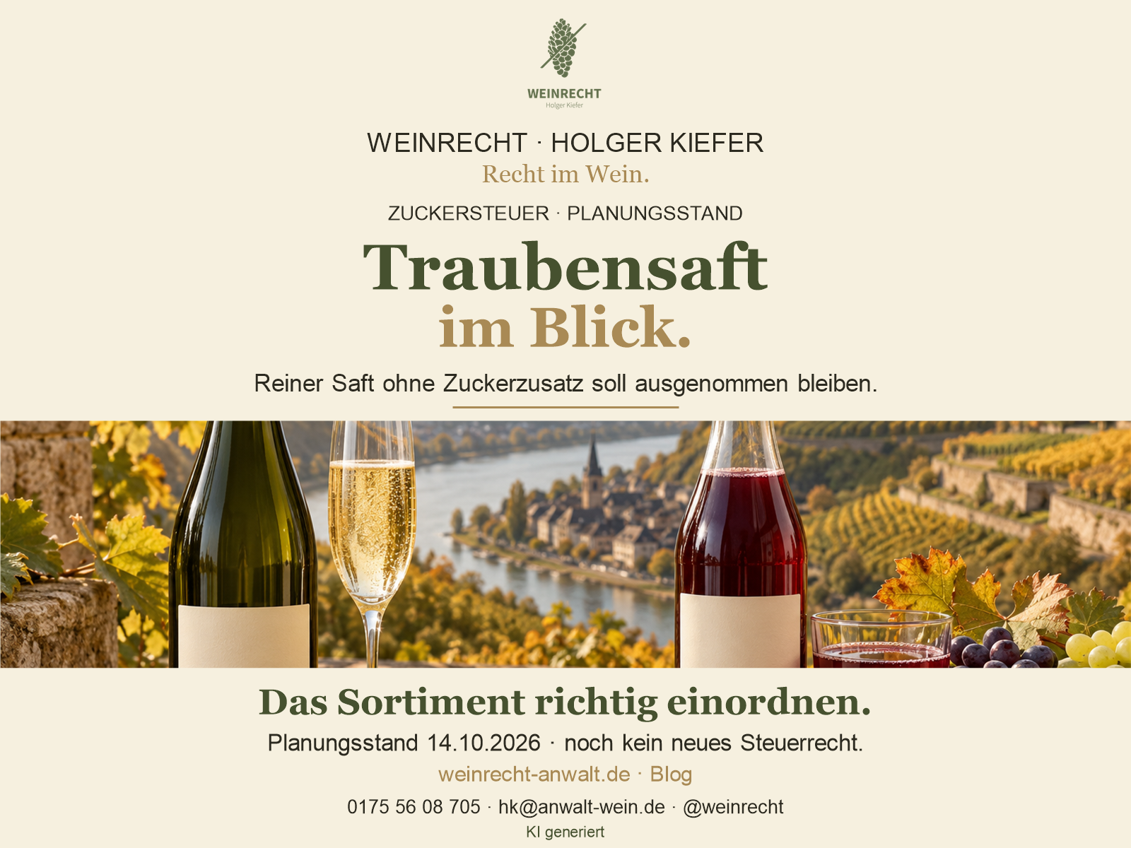 Zuckersteuer 2027: Traubensaft im Blick. Reiner Saft ohne Zuckerzusatz soll ausgenommen bleiben. Kanzlei-CI mit Sekt und Traubensaft vor einem Weinberg. KI generiert.