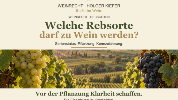 Welche Rebsorte darf zu Wein werden? Titelbild im WEINRECHT-Kanzleidesign mit hellen und dunklen Weintrauben vor einem Weinberg. Motiv KI generiert.