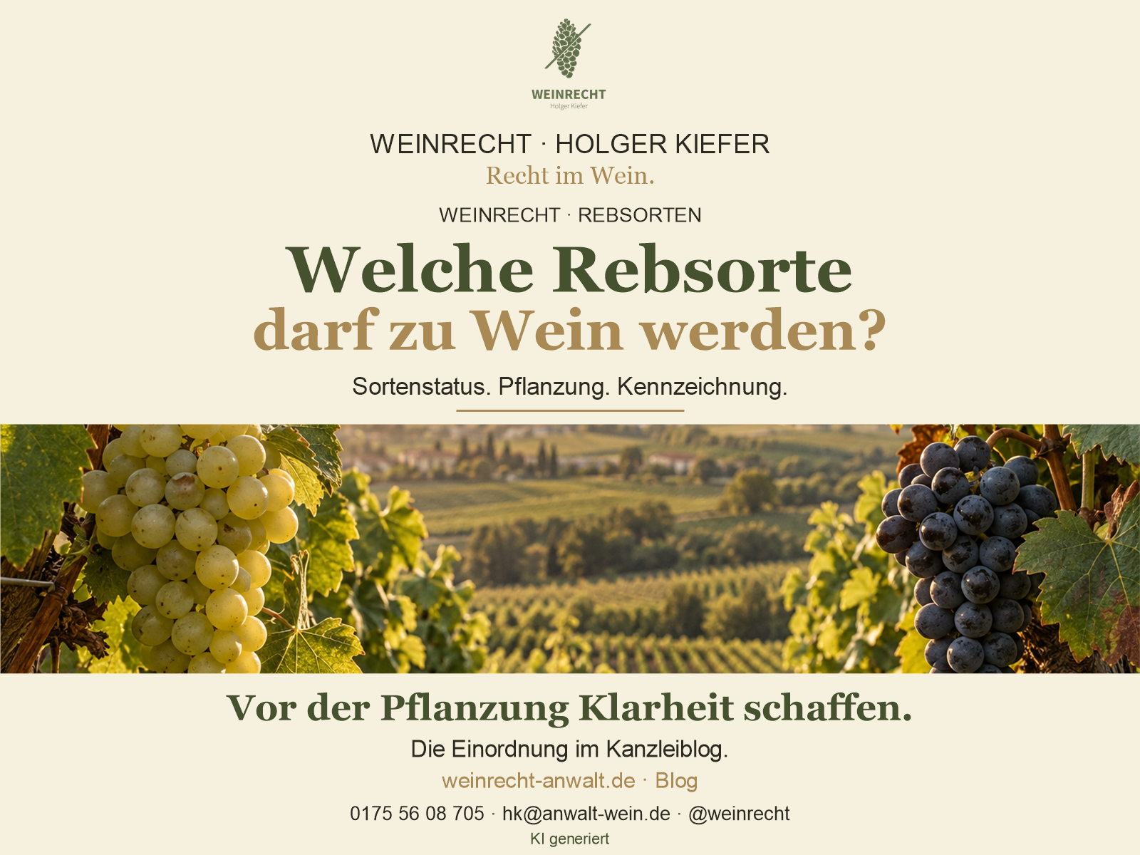 Welche Rebsorte darf zu Wein werden? Titelbild im WEINRECHT-Kanzleidesign mit hellen und dunklen Weintrauben vor einem Weinberg. Motiv KI generiert.
