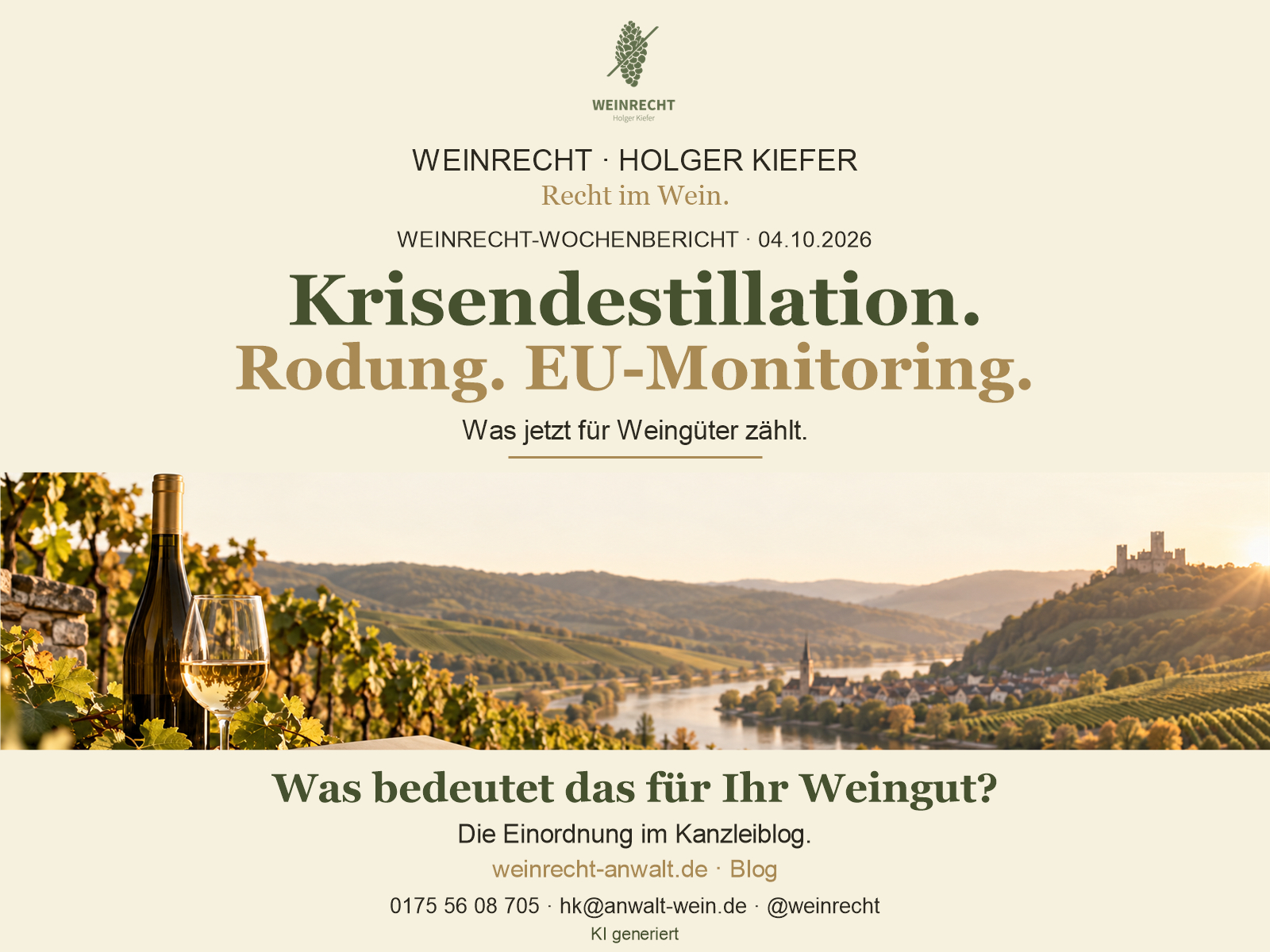 CI-Titelbild Weinrecht-Wochenbericht: Kanzleilogo, Krisendestillation, Rodung und EU-Monitoring, Weinbergmotiv; KI generiert.