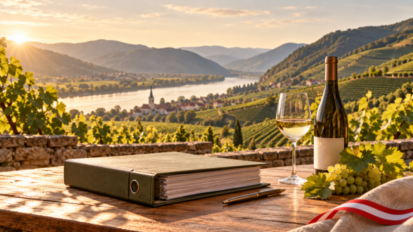 KI generierte österreichische Weinlandschaft mit Aktenordner, Weinflasche, Weinglas und rot-weiß-rotem Band.