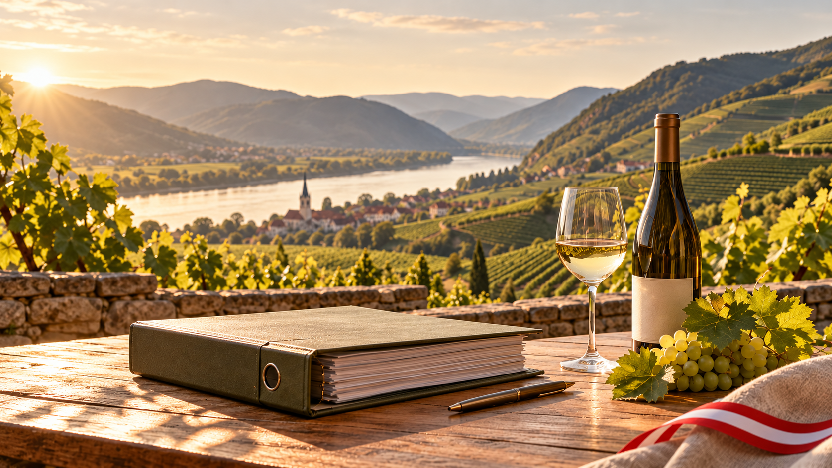 KI generierte österreichische Weinlandschaft mit Aktenordner, Weinflasche, Weinglas und rot-weiß-rotem Band.